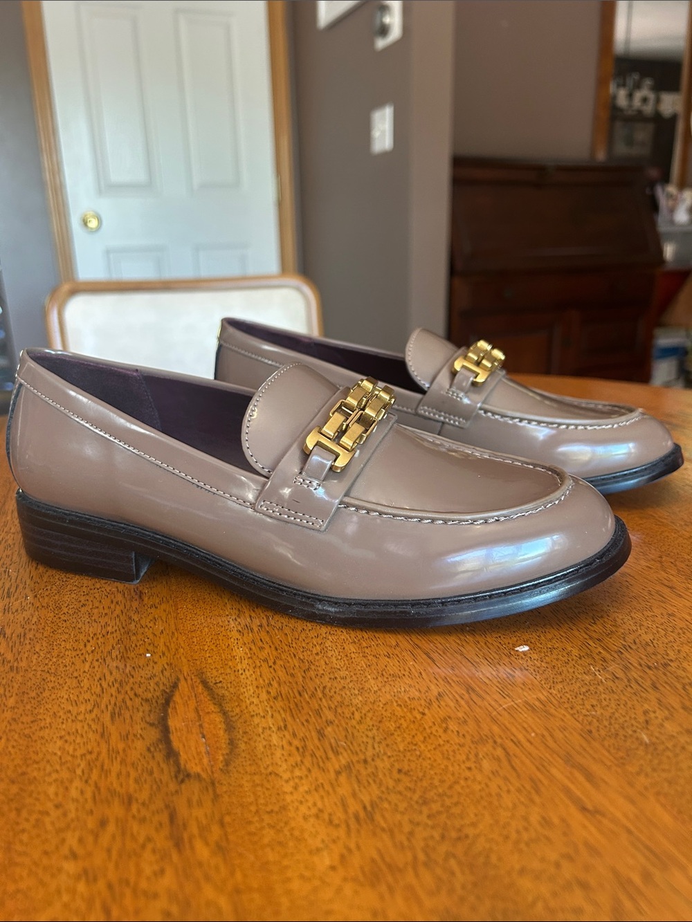 Franco Sarto Taupe Patent Leather Loafers with Gold Hardware